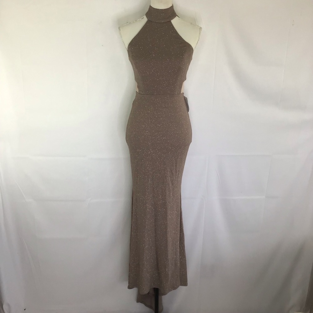 NWT- XTRAORDINARY WOMEN ELEGANT TAUPE GLITTER STRING CUT OUT BACK EVENT DRESS 1